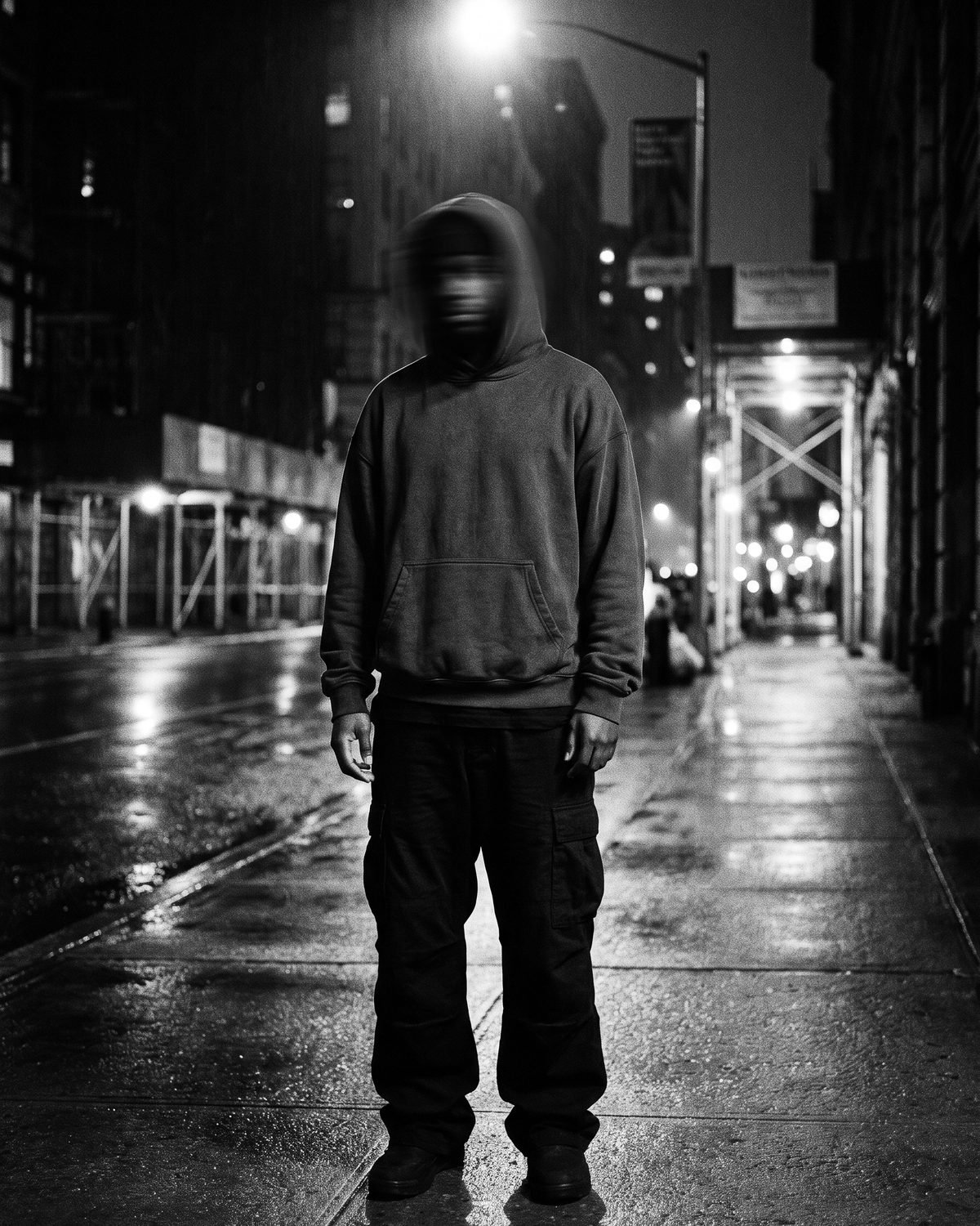 Long-exposure photograph of a figure standing still in an oversized charcoal hoodie on a wet street at night, head blurred by movement