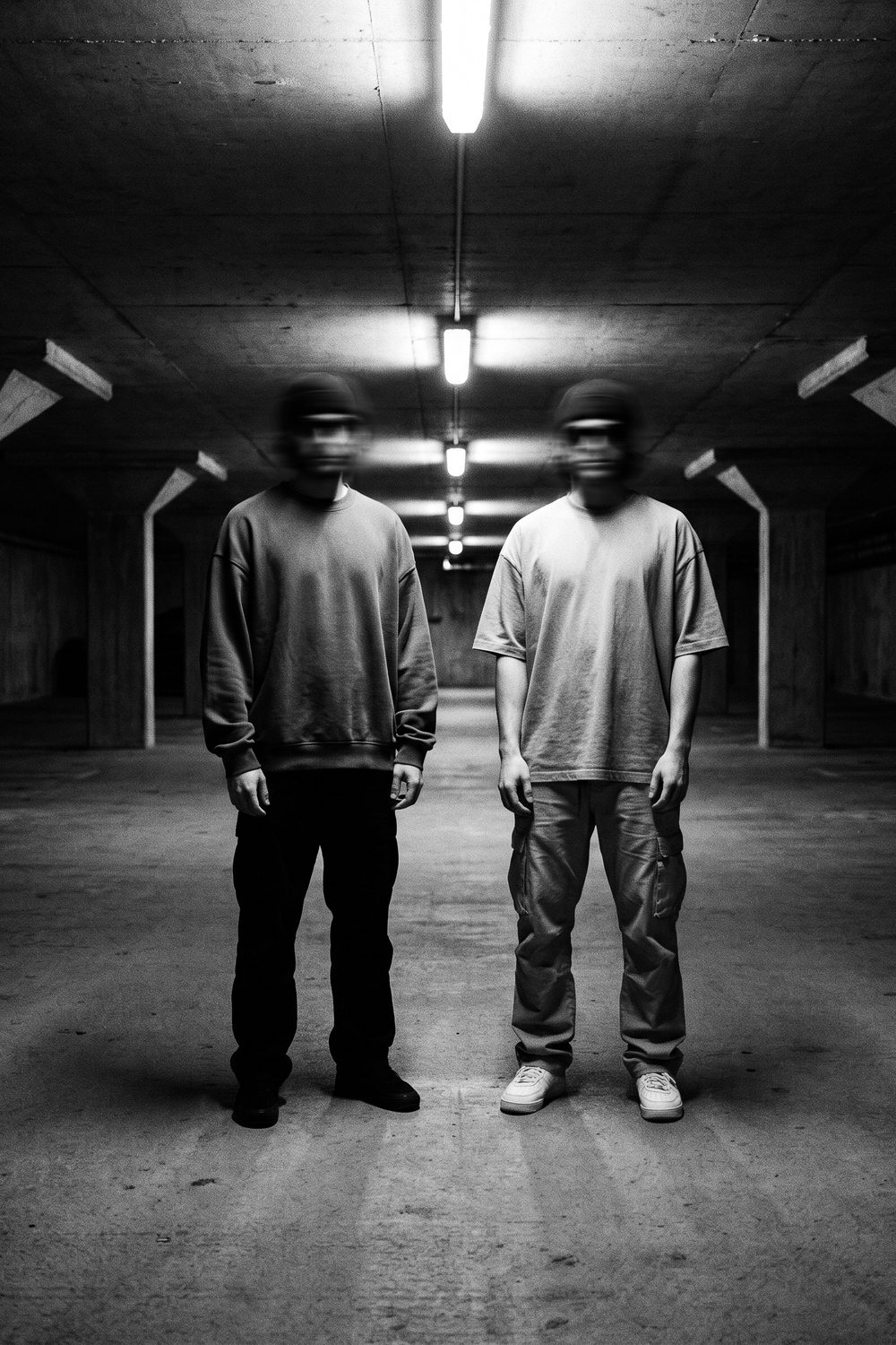 Long-exposure photograph of two still figures in oversized knits under strip lighting, heads blurred by movement